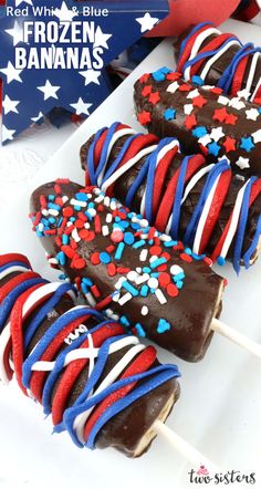 chocolate covered cake pops with red, white and blue sprinkles on them