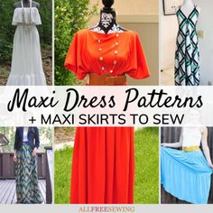 many different dresses and skirts to sew with text overlay that reads, max dress patterns + midi skirts to sew