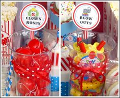 two pictures of candy in plastic cups with red bows and clown hats on them,