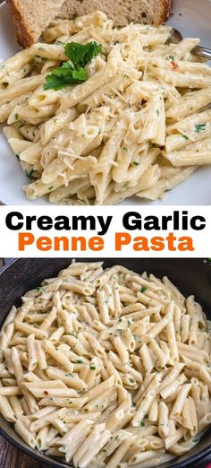 creamy garlic penne pasta in a skillet with bread on the side