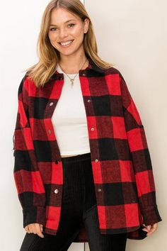 The Give Love Buffalo Plaid Shacket is a delightful cold-weather wardrobe addition radiating positive vibes. This playful shacket boasts a charming plaid pattern and features a whimsical touch with fringe detailing at the back. Its relaxed-fit bodice provides both comfort and style, while a classic point collar adds a touch of sophistication. Long sleeves and dropped shoulders enhance the shacket's cozy appeal, making it perfect for chilly days. Crafted with high-quality materials, the self is c Give Love, Faux Shearling Jacket, Plaid Shacket, Fleece Jacket Womens, Outwear Women, Form Fitting Dress, Teddy Coat, Red And Black Plaid, Plaid Jacket