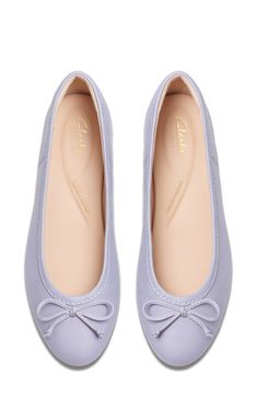 A delicate vamp bow and rich leather distinguish a timeless ballet flat grounded by a cushioned footbed for lasting comfort. Cushioned footbed Leather upper and lining/rubber sole Imported Lavender Ballet Flats, Dollette Shoes, Fancy Flat Shoes, Ballet Flats Aesthetic, Purple Ballet Shoes, Purple Ballet Flats, Fun Flats, Purple Flats, Dr Shoes