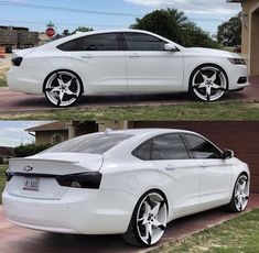 two pictures of a white car parked in front of a house