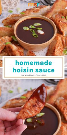 homemade hoisin sauce in a bowl with dipping sauce on the side and an image of