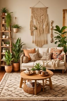 a living room filled with lots of plants and furniture