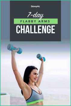 a woman lifting two dumbs with the text 7 day fabby arms challenge