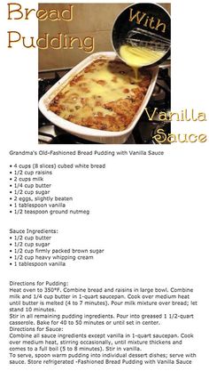 the recipe for bread pudding with vanilla sauce is shown in this advertisement