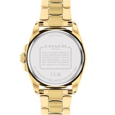 Dress up your look with this sophisticated and timeless ladies' Coach Greyson gold-toned sunray dial watch. The gold-toned sunray dial features gold-toned hands and markers and a date display inside a signature "C"at the 3 o'clock hour. 36.0mm gold-toned ion-plated stainless steel case with mineral crystal Japanese quartz movement keeps accurate time. The gold-toned stainless link bracelet secures with a deployment clasp. Water resistant to 30 meters, this watch includes a 2-year limited manufacturer's warranty. We are an authorized Coach dealer. Classic Gold Chronograph Watch Accessories, Gold Watches With Skeleton Dial For Anniversary, Gold Skeleton Dial Watch For Anniversary, Classic Gold-tone Watch With Round Dial, Coach Watch, Round Watch, Analog Watch, 3 O Clock, Stainless Steel Watch