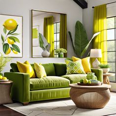 a living room with green and yellow decor