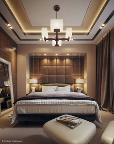 a bedroom with a large bed sitting under a ceiling light