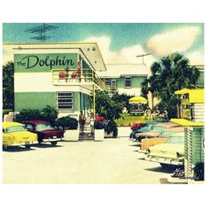 an old photo of the dolphin inn in palm beach, florida with cars parked outside