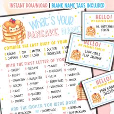 three printables for pancakes with the words, what's your pancake name?