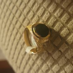 Men's 18k Gold Electroplated Synthetic Black Onyx Ring, W/ Small Faux Diamonds On Each Side. Size 10. Never Worn. Onyx Ring Men, Black Onyx Ring, Ring Color, Mens Accessories Jewelry, Mens Gold, Onyx Ring, Black Onyx, Gold Black, Onyx