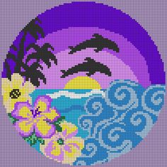 a cross stitch pattern with dolphins and flowers