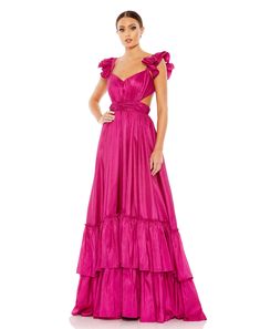 Mac Duggal Taffeta fabric (100% polyester) Fully lined through body Sweetheart neckline Sleeveless Pleated cummerbund Ruffle tiered skirt Concealed back zipper and tie Approx. 62.5" from top of shoulder to bottom hem Available in Magenta (pink), Lime (bright green), and Cobalt (bright blue) Style #68062