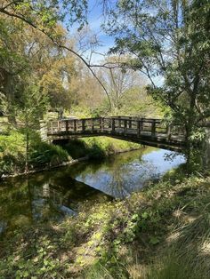 a wooden bridge over a small river surrounded by trees