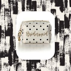 the bridesmaid polka dot makeup bag is shown on a black and white background