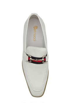 Calfskin Slip-On Horsebit Loafer White Stunning Burnished Textured Calfskin slip-on Loafer from our Exclusive Maurice collection features Silvertone Horsebit Buckle over Tri Colored Ribbon, full Leather Lining, a clean welt and a Lightweight Tri Colored Rubber Sole! More sizes to arrive by the end of October. White Almond Toe Slip-ons For Business, White Flat Heel Leather Shoes For Business, White Flat Heel Dress Shoes For Business, White Leather Shoes With Flat Heel For Business, Classic White Almond Toe Slip-ons, Elegant White Slip-ons For Office, Fitted White Dress Shoes For Office, Classic White Slip-ons With Flat Heel, White Slip-on Leather Shoes With Flat Heel