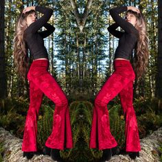 New! Ruby Red Velvet Bell Bottoms W/ An Embossed Floral Print. These Pants Are A Perfect Fit In Waist & Hips With A Mid-Rise Waistband Which Hits Just Under The Belly Button. Hugs Legs To The Knee Then Flares Out Into Bell Bottoms. Fit Runs Smaller Than Normal Warrior Within Fit. Fabric Is A Velvet With 5% Spandex. Our Normal Stretch Velvet Has 10% Spandex. So We Suggest Size Up From Your Normal Size To Ensure Best Fit. Aproximate Inseam In Inches: Xs- 31, S-32, L-34 Velvet Bell Bottoms, Embossed Velvet, Warrior Within, Knee High Leather Boots, Stretch Velvet, Ruby Red, Belly Button, Bell Bottoms, Red Velvet