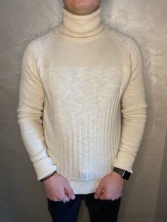 Men's knitted light cream color merino wool turtleneck All my creations are made with a healthy dose of enthusiasm, an innate sense of style, a bit of luck and pure love. This model is definitely one of the most popular among our valued customers. Knitwear looks great at any time of the year. I used high quality 100% Italian Merino yarn to create this product. The current model is soft and very warm. The price of a sweater is determined by the high cost of yarn, which indicates the quality of th Cream High Neck Sweater For Winter, White Knitted Turtleneck For Winter, Beige Knitted Turtleneck For Winter, Cream Knitted High Neck Sweater, Cream High Neck Knitted Sweater, Fitted Beige Merino Wool Sweater, Cream Turtleneck Winter Sweater, Fitted Beige Polo Sweater For Winter, Cream Turtleneck Sweater For Winter