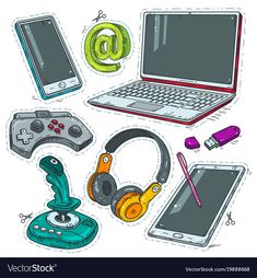 various electronic devices and gadgets are depicted in this illustration, including a laptop, tablet, headphones, game controller, etc