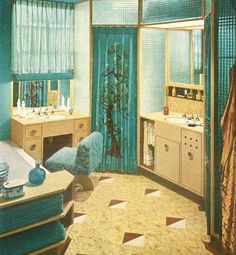 a bathroom with blue walls and curtains on the windowsills, two sinks and a bathtub