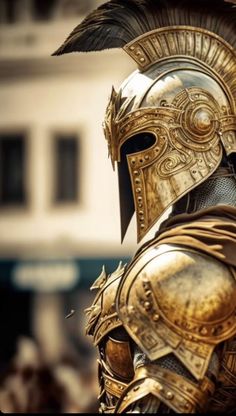 a close up of a person wearing a helmet and armor