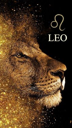 the zodiac sign leo with a lion's face in front of gold flecks