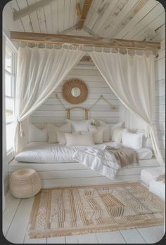 a bed with white sheets and pillows in a room next to a rug on the floor