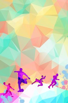 the silhouettes of people are playing soccer against an abstract background with colorful shapes and colors