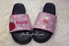 Customized Bling Bedazzled SANDALS / SLIDES / Slippers with Rose and Words Fashionable Cool Shinny Sparkly Crystal Rhinestone Glitter Bedazzled Sandals, Slippers Aesthetic, Bling Slides, Crazy Clothes, Luxury Sandals, Cute Slides, Diy Sandals, Kardashian Photos, Slides Slippers