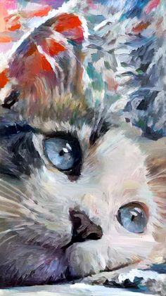 a painting of a cat with blue eyes