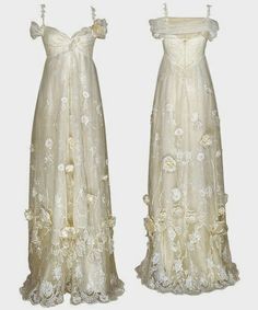 two white dresses with flowers on them, one is long and the other is short