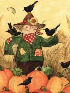 a painting of a scarecrow surrounded by pumpkins and birds on a fall day