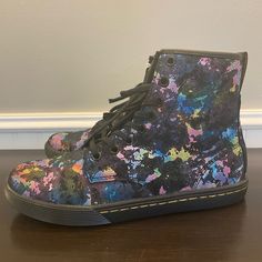 Dr. Marten’s Sheridan Black Confetti Casual Boots, Multicolored Printed Suede, Yellow Stitching, Hightop Style, Women’s Size 7. Lace Up, New With Tags. Multicolor Flat Heel Boots For Spring, Casual Multicolor Boots With Flat Heel, Casual Multicolor Flat Heel Boots, Casual Multicolor Closed Toe Boots, Trendy Multicolor Closed Toe Boots, Multicolor Lace-up Boots For Fall, Rainbow Doc Martens, Doc Martens Purple Laces, Floral Dr Martens