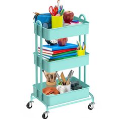 a three tiered cart with books and office supplies on it