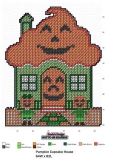 a cross stitch house with pumpkins on the front and side, all in different colors