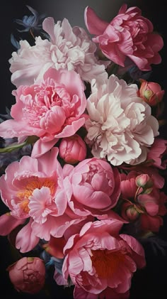 a bunch of pink flowers on a black background