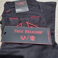 Brand New True Religion Manchester United Denim Collection. Black Rocco Relaxed Skinny Jeans With Bold Red Rivets And Stitching. Future Wardrobe, Future Clothes, Denim Collection, True Religion Jeans, Night Aesthetic, Jeans Color, Rivets, True Religion, Kids Bottoms