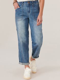 Blue Denim Absolution High Rise Barrel Leg Side Panel Roll Cuff Jeans Barrel Leg Jeans, Find Your Balance, Ankle Length Jeans, Embroidered Denim, Petite Jeans, Grey Denim, Side Panels, Premium Denim, Jeans Brands