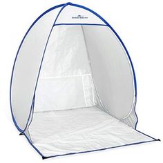 an open white tent with blue trims on the sides and bottom part, in front of a white background