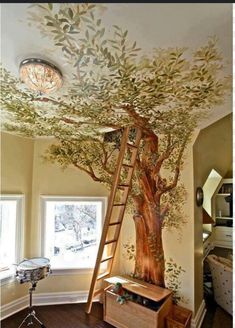 Tree Painting on wall/ceiling Fairy Garden Ideas Enchanted Forest, Casa Hobbit, Inside A House, Tree Wall Murals, Neutral Bedrooms, Tree Mural, Tree House Designs, Wall Murals Painted, Attic Renovation