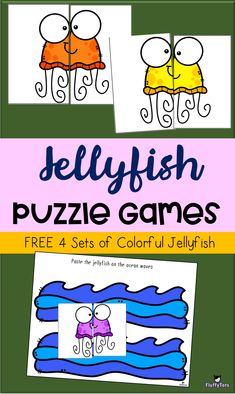 the jellyfish puzzle game is shown with four different pictures and text that reads jellyfish puzzles