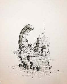 an ink drawing of a large structure in the middle of water with two people standing on it