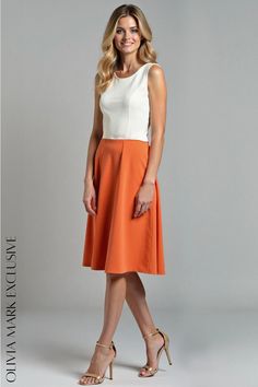 Olivia Mark - Elegant Two-Tone Midi Dress with Flared Skirt Orange Skirt, Understated Luxury, Flared Skirt, High Neckline, Olivia Mark, Flare Skirt, Elegant Dresses, Timeless Fashion, Two Tone