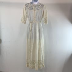 Vintage lace white dress Size: S 1908-1920s W 24 Formal Maxi Dress With Lace Trim, White Lace Dress With Contrast Detail, White Delicate Lace Dress For Formal Occasions, Formal White Dress With Delicate Lace, White Victorian Empire Waist Dress, Elegant Cream Victorian Dress For Daywear, White Lace Trim Formal Dress, Formal Dresses With Lace Trim And Empire Waist, White Formal Dress With Empire Waist