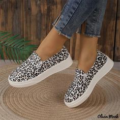 Olivia Mark - Leopard Print Casual Canvas Loafers Slip-On Lazy Shoes Casual White Sneakers, Canvas Loafers, Canvas Shoe, Shoe Sole, Pu Heels, Comfortable Flats, Desert Boots, Slipper Shoes, Casual Flats