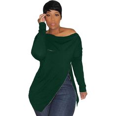 Green Off Shoulder Zipper Irregular Long Sleeve Top Fall Tops With Asymmetrical Zipper Closure, Versatile Fall Top With Zipper Closure, Versatile Fall Tops With Zipper Closure, Black Off Shoulder, Brown Girl, Office Lady, Top Women, Office Ladies, Women Tops