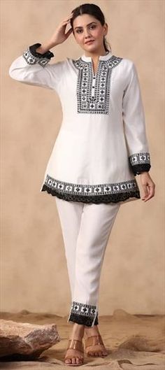 White and Off White color Co-ords Set in Silk cotton fabric with Embroidered, Resham, Thread work White Embroidered Long Sleeve Sets, White Cotton Sets With Embroidered Hem, Traditional Sets With Embroidered Hem For Eid, Traditional Eid Sets With Embroidered Hem, Cotton Set With Geometric Embroidery And Long Sleeves, Cotton Sets With Geometric Embroidery And Long Sleeves, Cotton Long Sleeve Set With Geometric Embroidery, White Cotton Kurta With Geometric Embroidery, Traditional Cotton Sets With Geometric Embroidery