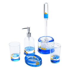 a blue bathroom set with soap dispenser and glasses